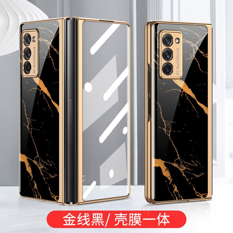 Tempered Glass Case for Samsung Galaxy Z Fold 2 5G Cover All-inclusive Luxury HD Front Glass Shell for Samsung Z Fold 2 Case: Gold line black