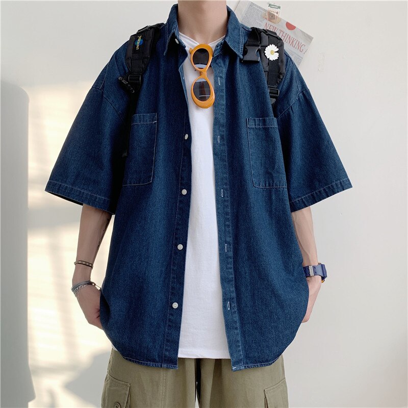 2021Mens Summer Denim Shirts Thin Short Sleeve Soft Cotton Shirt Men Pockets Slim Slight Elastic Jeans Cowboy Shirt: DarkBlue / XL