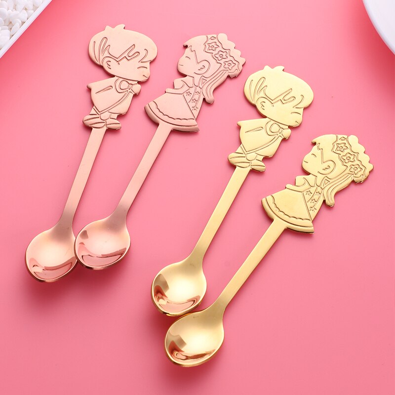 Cucharas de café románticas para pareja, cucharillas de té de colores, cubertería pequeña plateada, cuchara de postre de pastel dorado para I &amp; U, 2 uds.