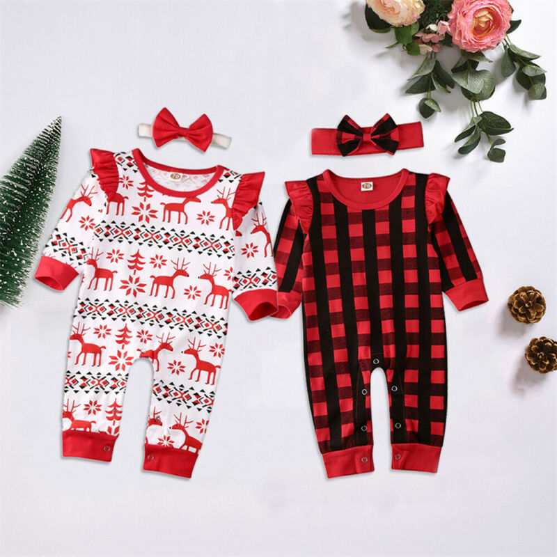 0-18M My 1st Christmas Baby Girl Clothes Newborn Infant Girl Boy Red Plaids Deer Romper Long Sleeve Jumpsuit Xmas Costumes