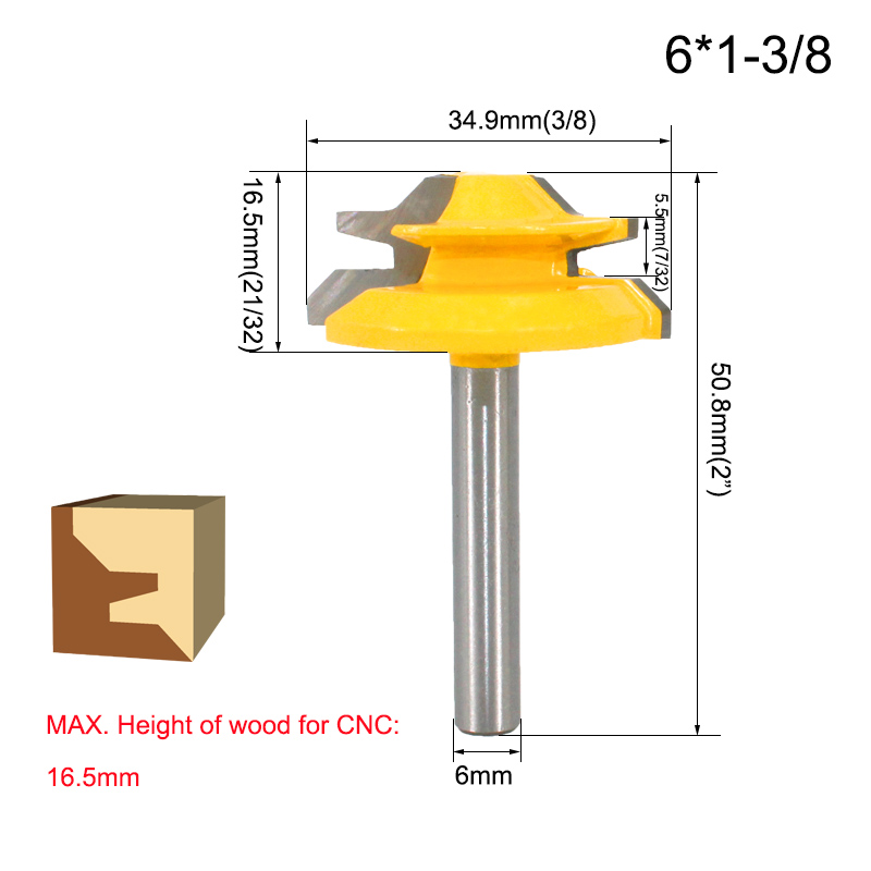 LAVIE 1Pc 1/4" Shank 6.35MM 8MM 45 Degree Lock Miter Router Bit Tenon Milling Cutter Woodworking Tool For Wood Tools MC01 MC: 6x34.9mm