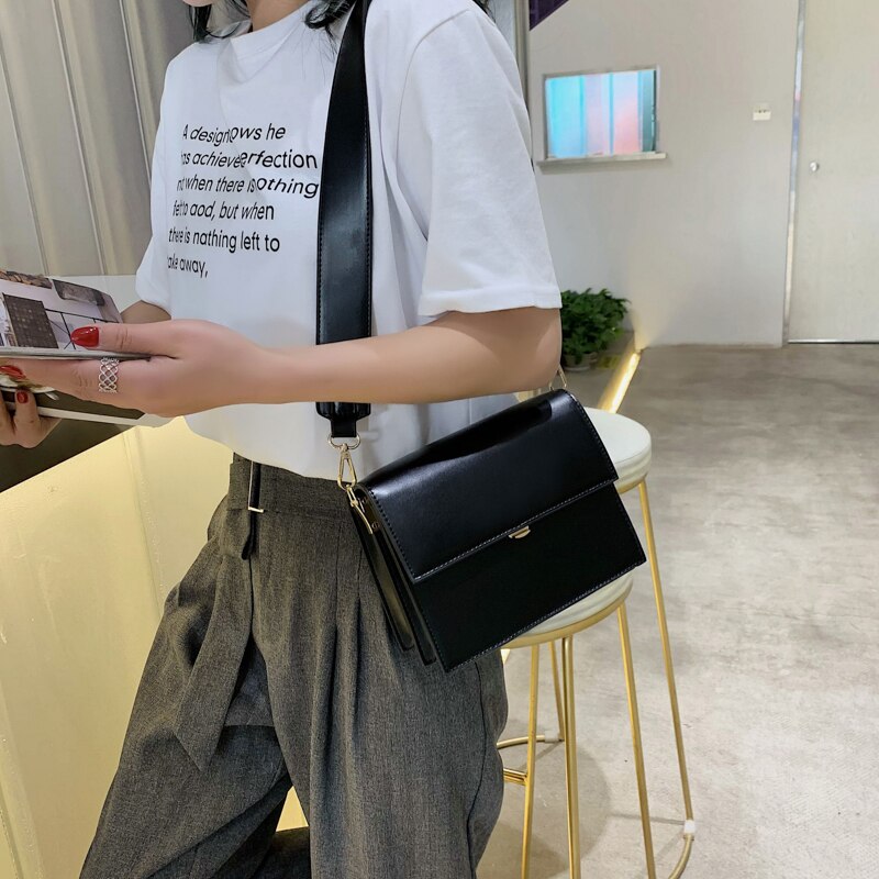 Rétro décontracté rabat carré sac nouvelle en cuir PU femmes concepteur sac à main large bandoulière sacs à bandoulière