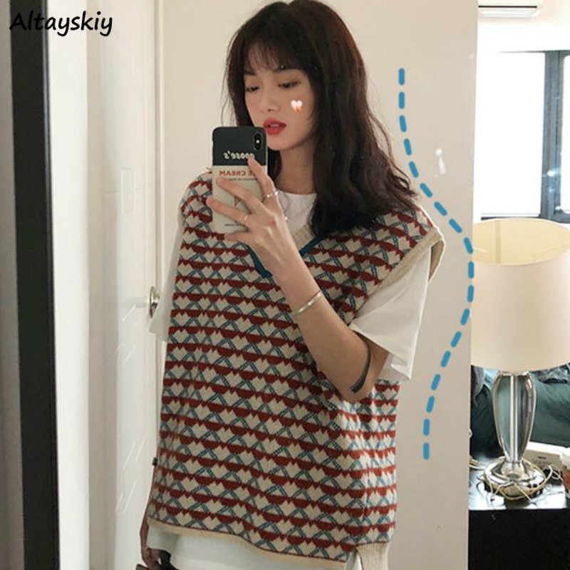 Vests Women Plaid Patchwork Preppy Style Student Popular Vest Girls Tank Knit Loose Street Wear Female Clothing Chic BF Red Cute