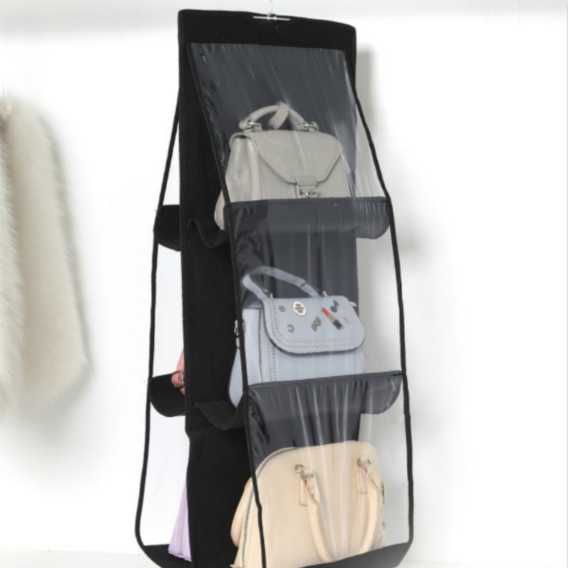 Hængende håndtaske arrangør til garderobeskab gennemsigtig opbevaringspose dørvæg klar diverse sko taske med bøjlepose: Sort
