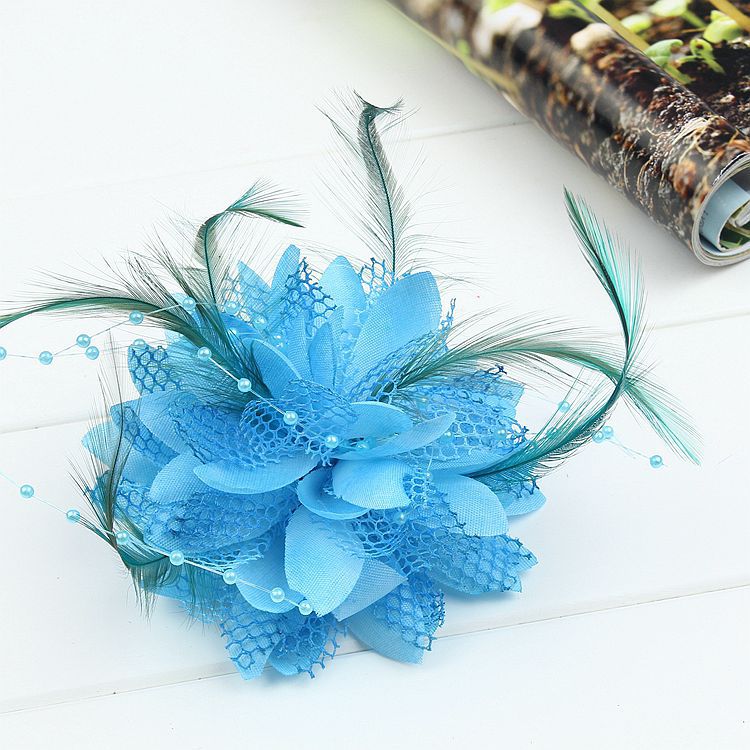 Bridal Feather Hair Clip Flower Ribbon Bead Corsage Hairpin For Women Wedding Hair Accessories Marrige Tiaras Dress Head Jewelry: Blue