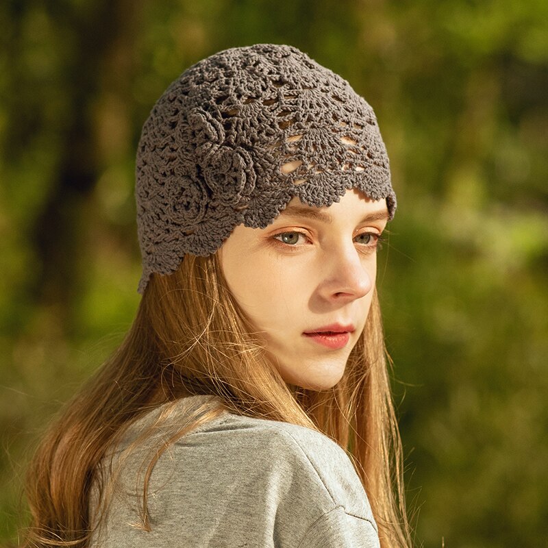 B-7955 Adult Knitting Hats Autumn Casual All-match Flower Beret Hats Lady Sweet Cute Woolen Cap Knitted Hat Adjust: Gray