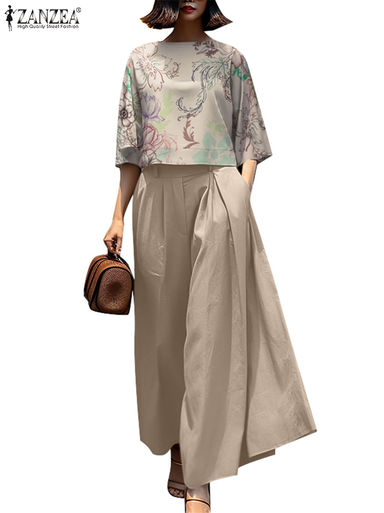 ZANZEA Summer 3/4 Sleeve Printed Blouse Trousers Suit 2PCS Outfits Women Matching Sets Wide Leg Pant Sets