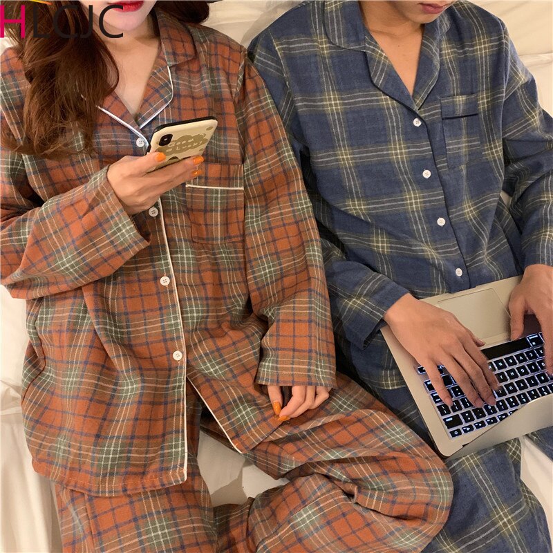 Classical Plaid Cotton Unisex Pajamas Women Men Autumn Winter Korean Couple Style Comfortable Long-sleeved Lapel Pijama Mujer