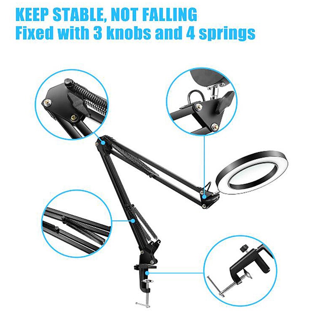 Adjustable Magnifier Lamp Work Magnifying Lamp 3 Modes 4'Glass Lens Light