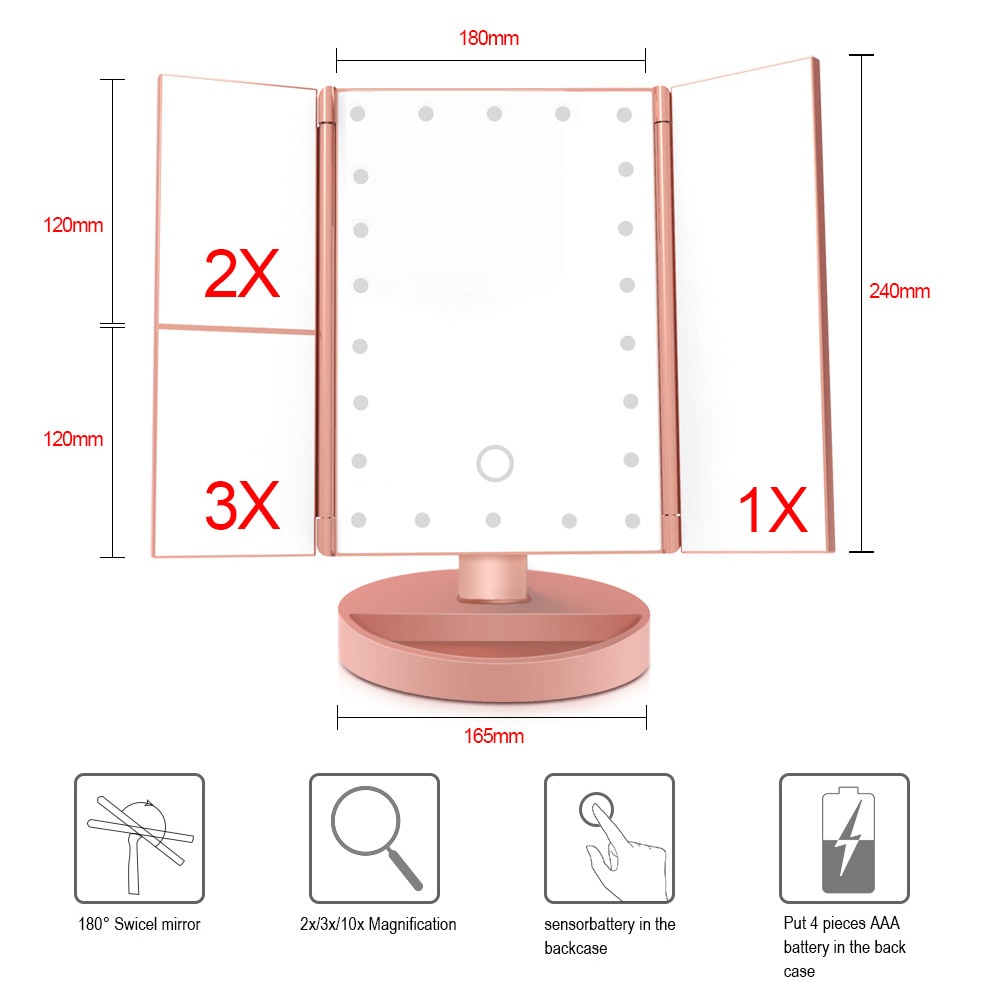 LED Touch Screen 22 Light Makeup Mirror Table Desktop Makeup 1X/2X/3X/10X Magnifying Mirrors Vanity 3 Folding Adjustable Mirror