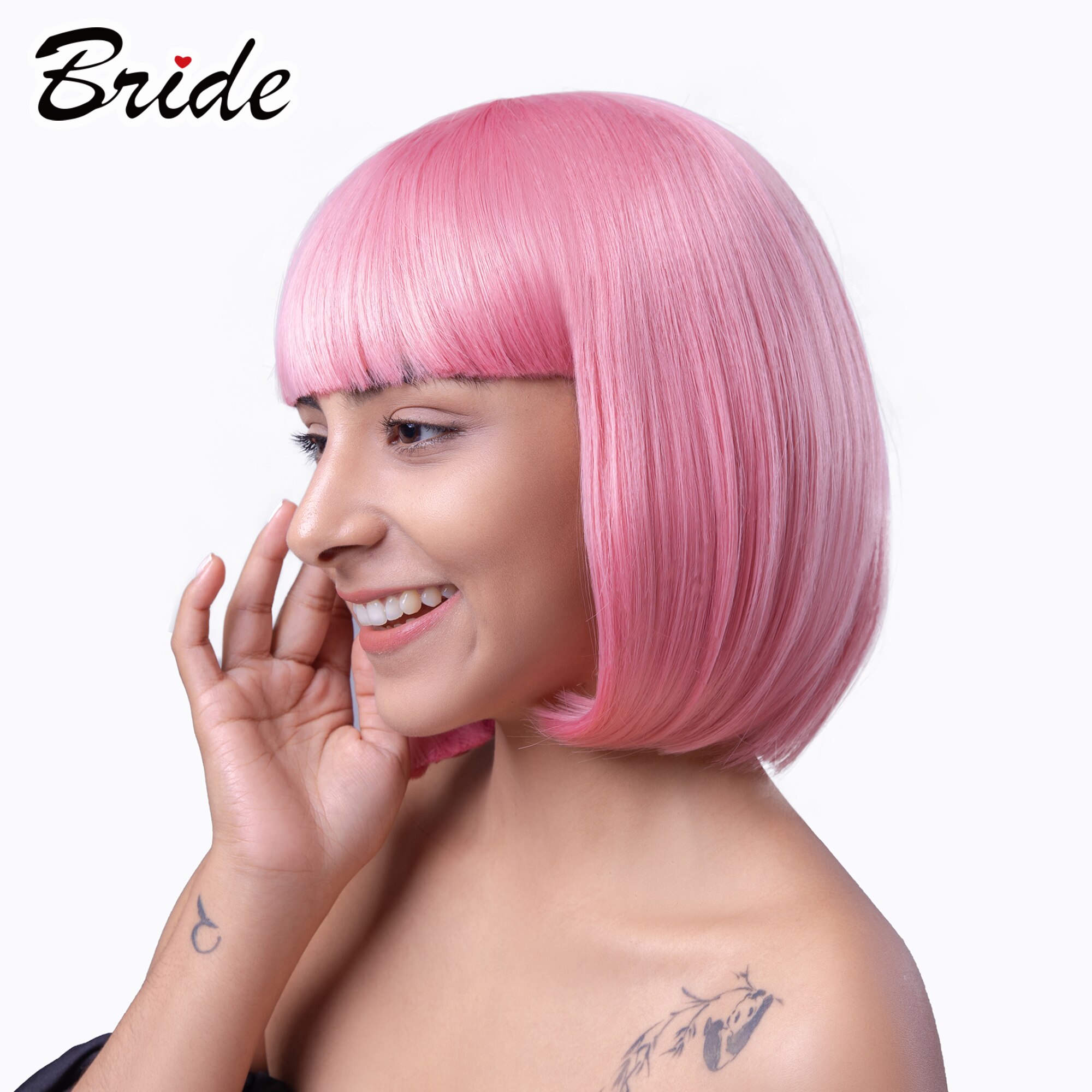 Bruid Haar Kant Synthetische Pruik Voor Vrouwen Bob Pruik Roze Korte Natuurlijke Pruik Met Air Nette Pony Elastische Cosplay Party vrouwen Pruik