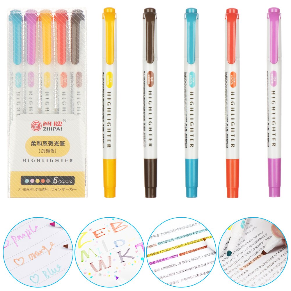 Juego de rotuladores japoneses de doble punta, bolígrafos para la escuela, suministros de oficina, 5 uds.