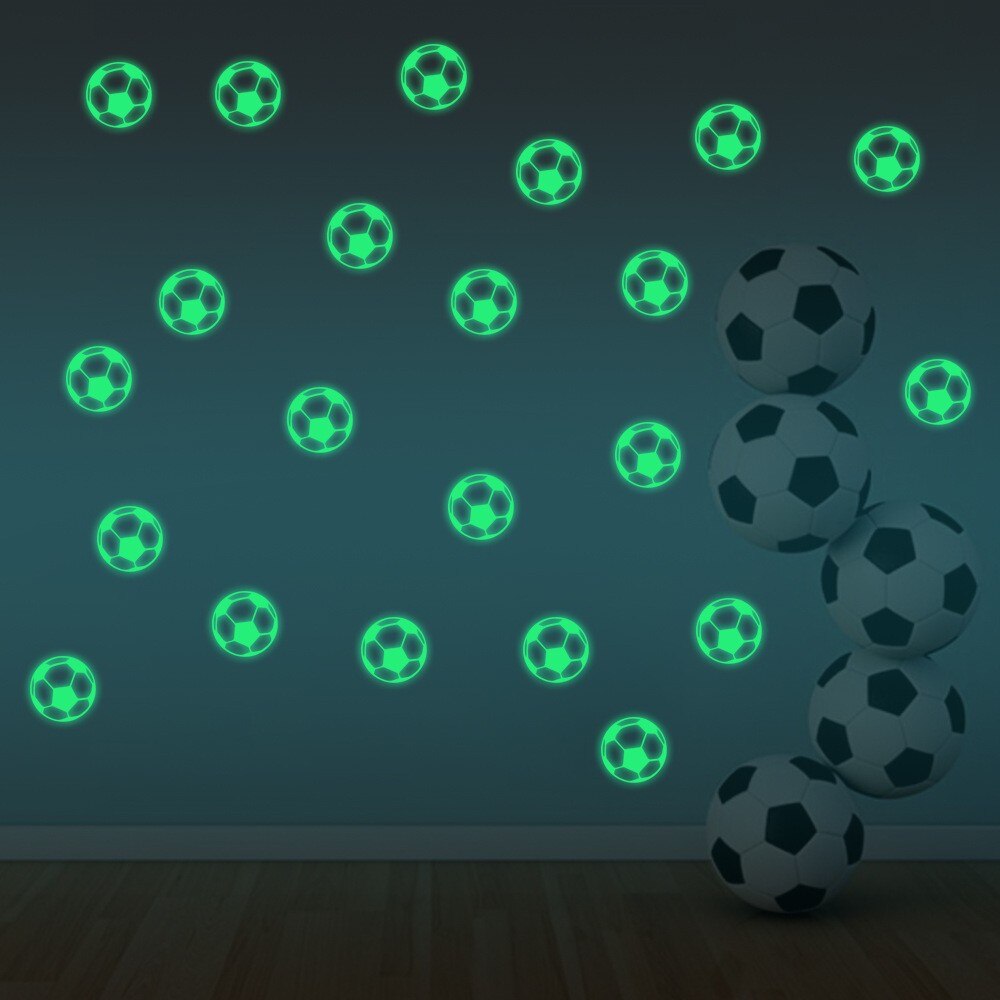 Nyeste 12 stk 3d fodbold glød i mørket lysende fluorescerende vinyl væg klistermærker hjem dekoration børnerum væg stick