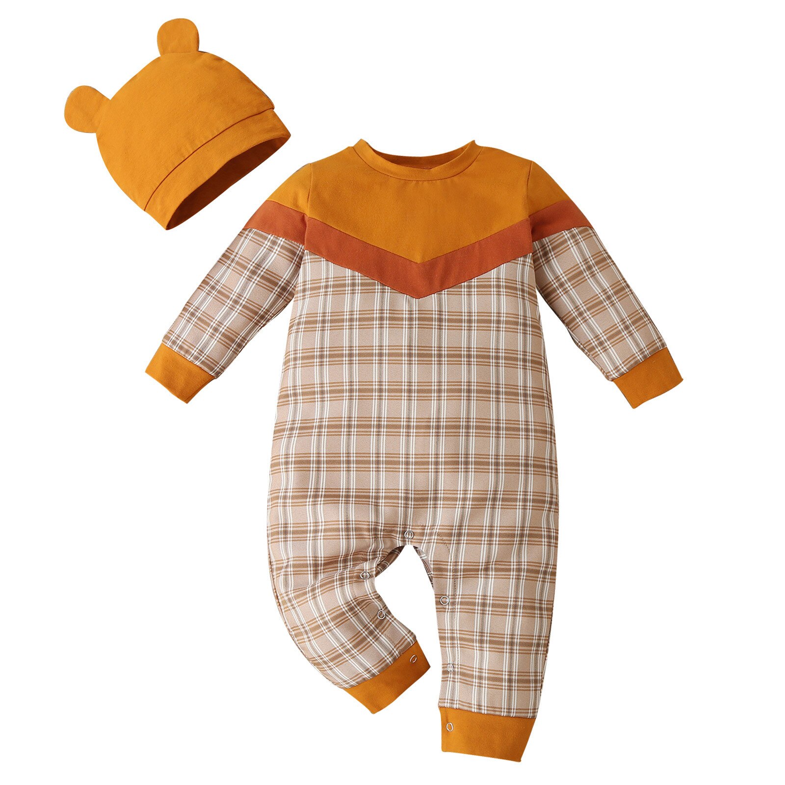 Baby fuß overalls für neugeborene jungen und mädchen mit plaid patchwork druck langarm rundhals hut kleidung anzug: 9-12M