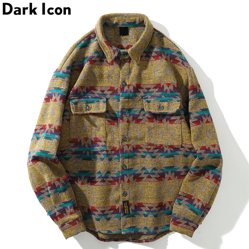 Mørkt ikon turn-down krave japanske retro skjorter mænd løs afslappet tyk uld revers bluse outwear frakke