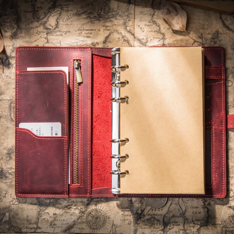 IPBEN Leather Notebook Travelers Journal Travel Planner a5 Note Book Diary filofax Handmade Calendar Postcard Stickers: red / A7 11x14.5cm