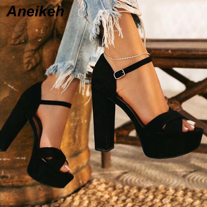 Aneikeh Flock Gladiator Sandalen Vrouw Peep Toe Platforms Hoge Hakken Enkelbandje Pompen Partij Nachtclub Schoenen Maat 42