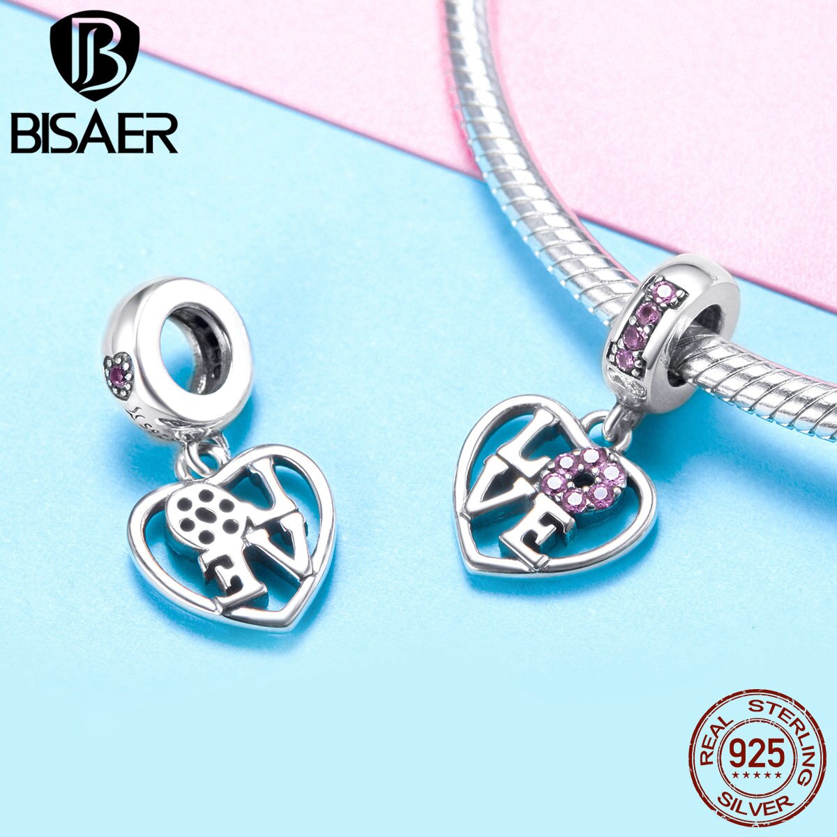 BISAER Valentines 925 Sterling Silver LOVE Heart Shape Pink Zircon Charms Beads fit Women Bracelets Jewelry Making ECC1044