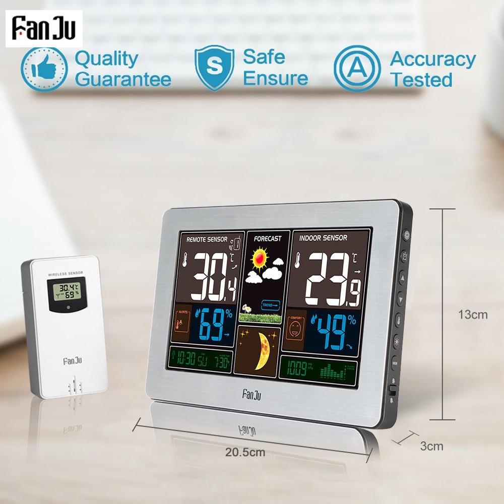 FanJu FJ3378 Weather Station Wall Barometer Forecast Temperature Humidity Wireless Sensor Indoor Outdoor Hygrometer USB Charger