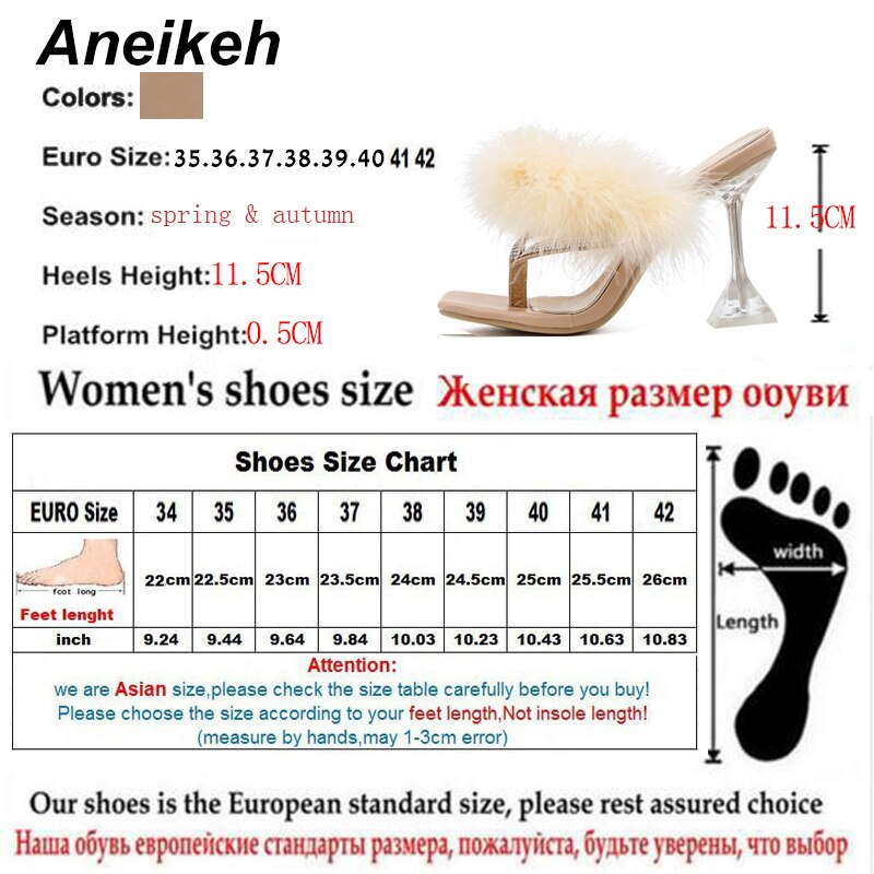 Aneikeh sommer kvinde behåret pels flip flops pvc gennemsigtig fjer plexiglas krystal høje hæle peep toe muldyr dame slides sko