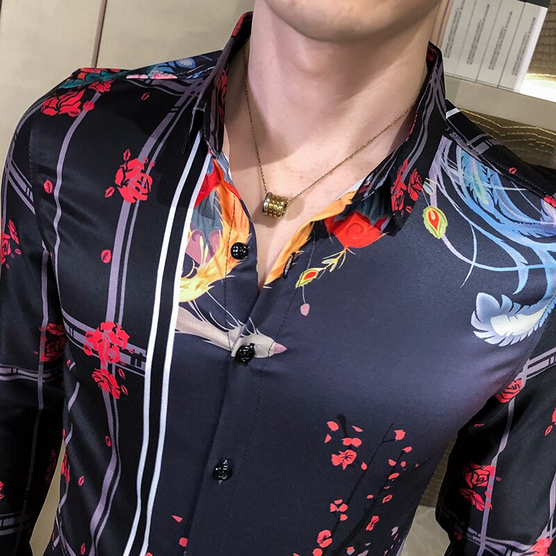 Blommiga skjortor för män höst långärmad casual skjorta slim fit streetwear social nattklubb blus camisa masculina