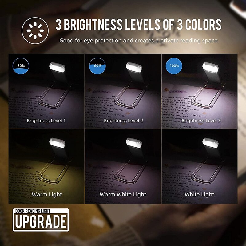 Book Reading Light,Portable USB Rechargeable LED Clip On Book Lights For Reading,Brightness Adjustable Light