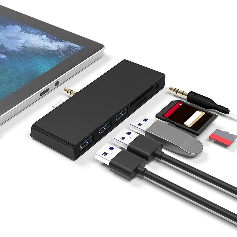 6-In-1 USB C Surface Go USB Hub Adapter Dongle with 3 USB 3.0 Ports, 3.5mm o Jack, SD/TF Card Reader for Surface Go