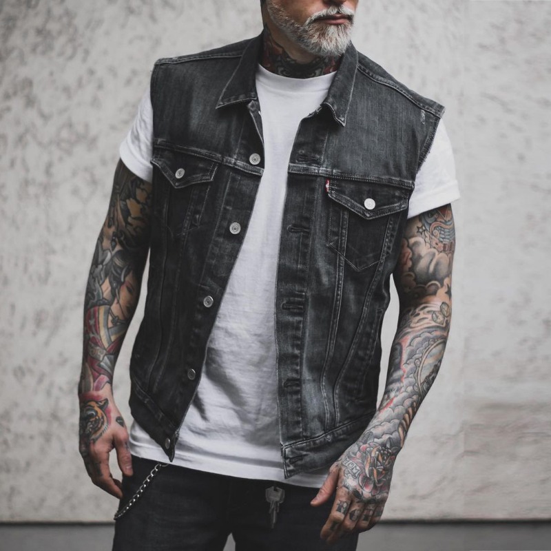 2024 nouvelle veste en jean pour hommes rétro moto veste en jean sans manches haute rue beau gilet de moto vêtements pour hommes
