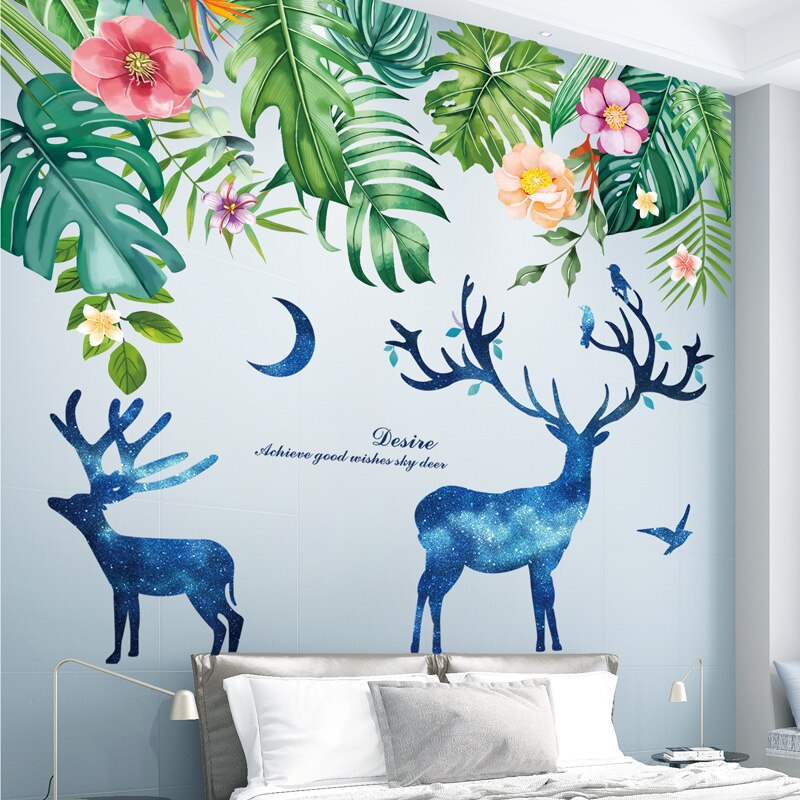 Pegatinas de pared de plantas en maceta, calcomanías de hojas de árbol Tropical para dormitorio de niños, sala de estar, cocina, guardería, decoración del hogar: leaves and deer