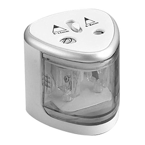 Sacapuntas eléctrico automático con 2 orificios dobles, sacapuntas, cortador para escuela, suministros de papelería de oficina con batería: Silver