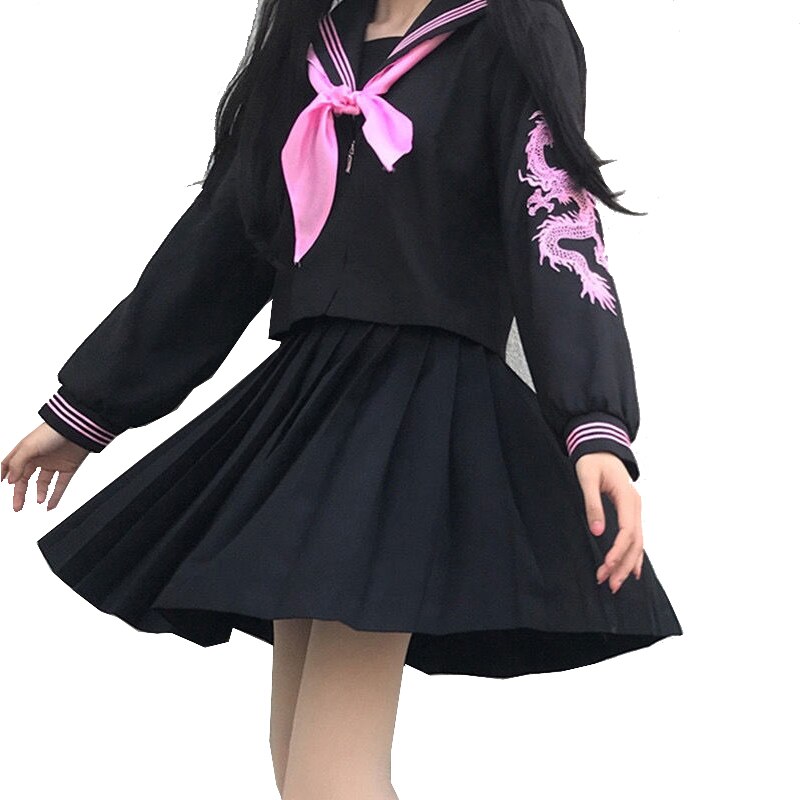 Jk Uniform School Girl Silver Dragon The Embroidery Uniform Gothic Styl Women Student Full Sets Clothes: Pink / XL