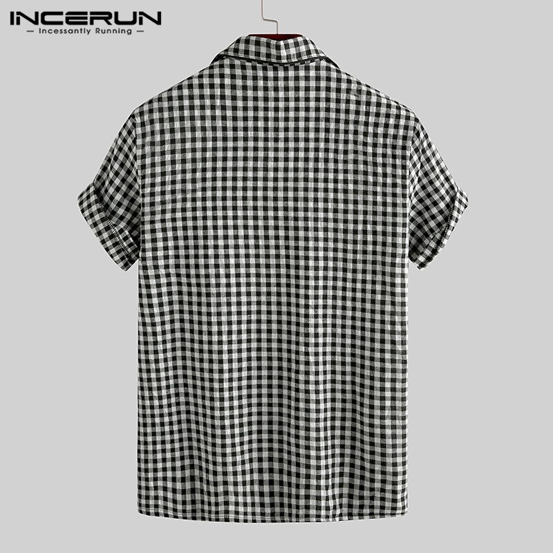Summer Pajamas Sets Men Plaid Lapel Button Short Sleeve Cotton Sleepwear Tops Shorts Soft Unisex Homewear Pyjamas Sets INCERUN