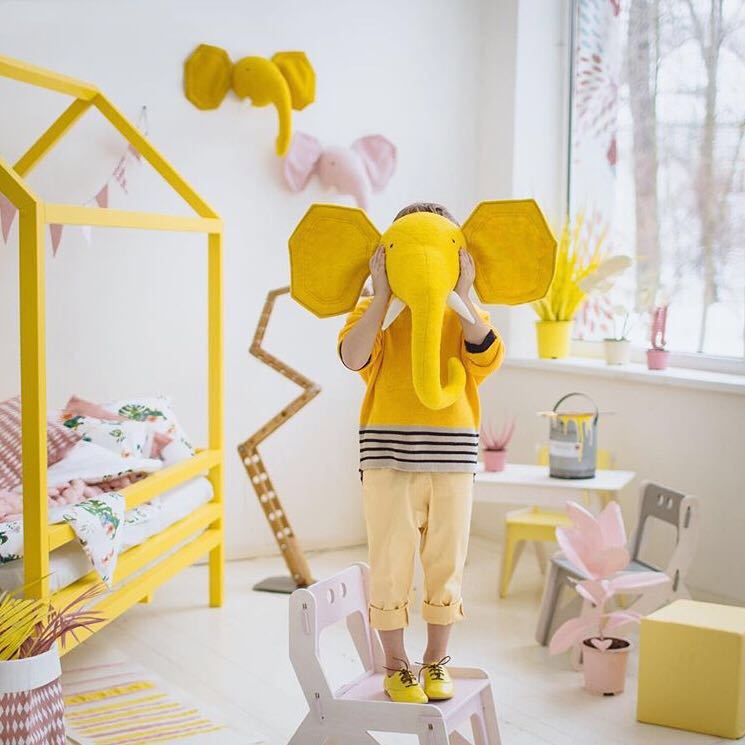 Zebra/Olifant/Giraffe 3D Dierenkop Muur Mount Knuffels Kinderen Kinderkamer Muur Opknoping Decoratie Verjaardag Kerst: Yellow Elephant