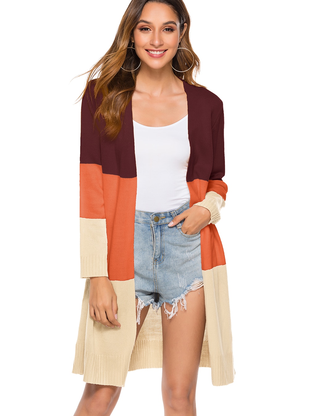 Womens Open Voorzijde Lange Trui Vesten Boho Lange Mouw Kleur Blok Gebreide Lichtgewicht Kimono Stofdoek Jassen: L / Rood