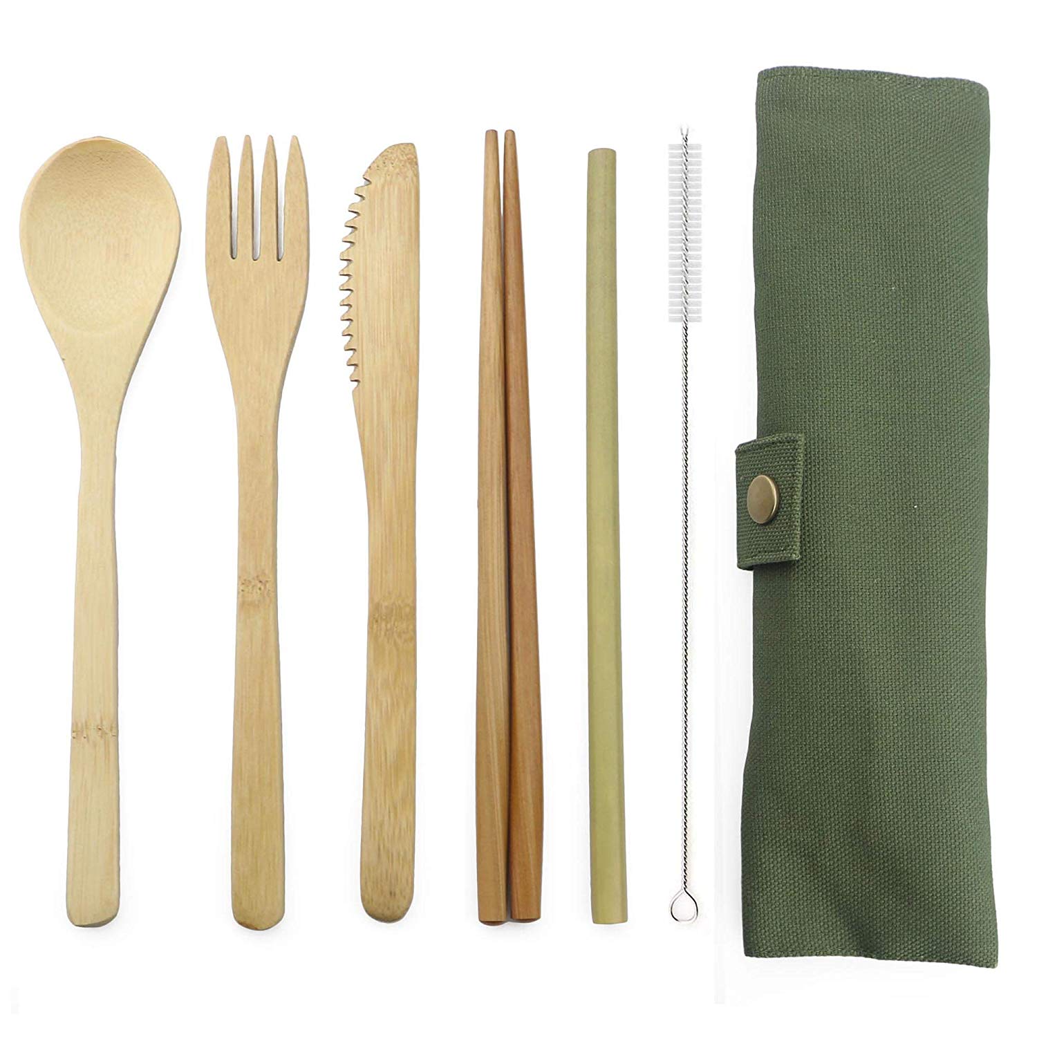 7-Piece Wooden Flatware Cutlery Set Bamboo Straw Set With Cloth Bag Knives Fork Spoon Chopsticks Travel: 2set / Army Green