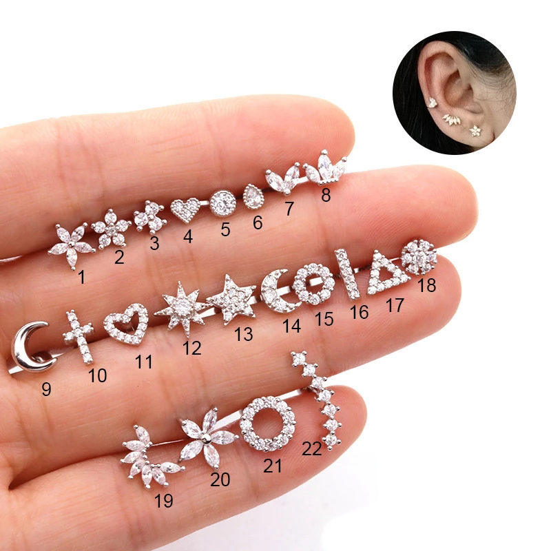 Crystal Star Moon Helix Piercing Earrings For Women Trendy Gold Color Ear Cartilage Tragus Studs Zircon Flower Jewelry KAE269-M: WHITE / Platinum Plated