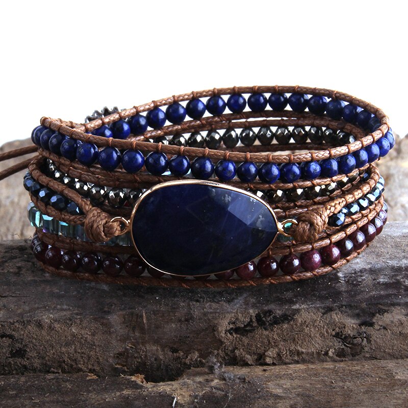 RH Boho Beaded Bracelet Handmade Mixed Natural Stones & Crystal Stone Charm 5 Strands Wrap Bracelets: Navy Blue