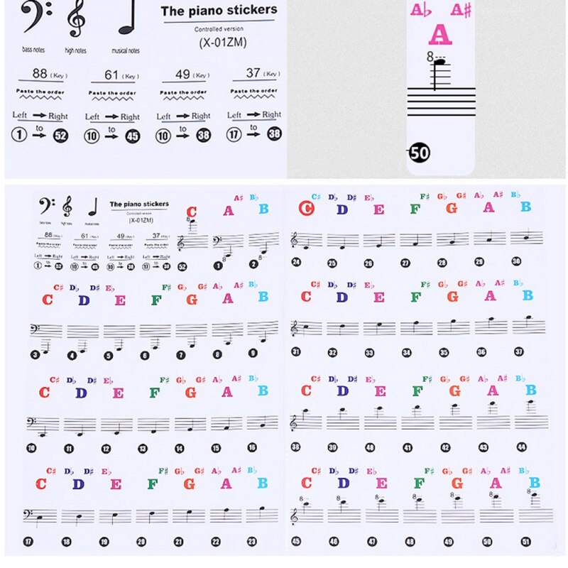 88/61 Key Color Piano Letter Notes Stickers Keyboard Hand Roll Piano Keyboard Notation Transparent Stickers Instruments: Default Title