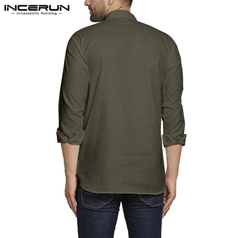 Män vintage skjorta långärmad indiska kläder stativ krage streetwear muslimska toppar solida fritidsskjortor kurtas incerun s -5xl