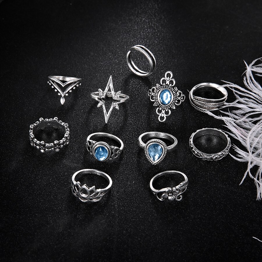 11 pz/set Boho Delle Donne Midi Knuckle Rings Set Per La Femmina di cristallo Della Piuma di Loto star vintage Anello di Barretta di Cerimonia Nuziale Del Partito Dei Monili