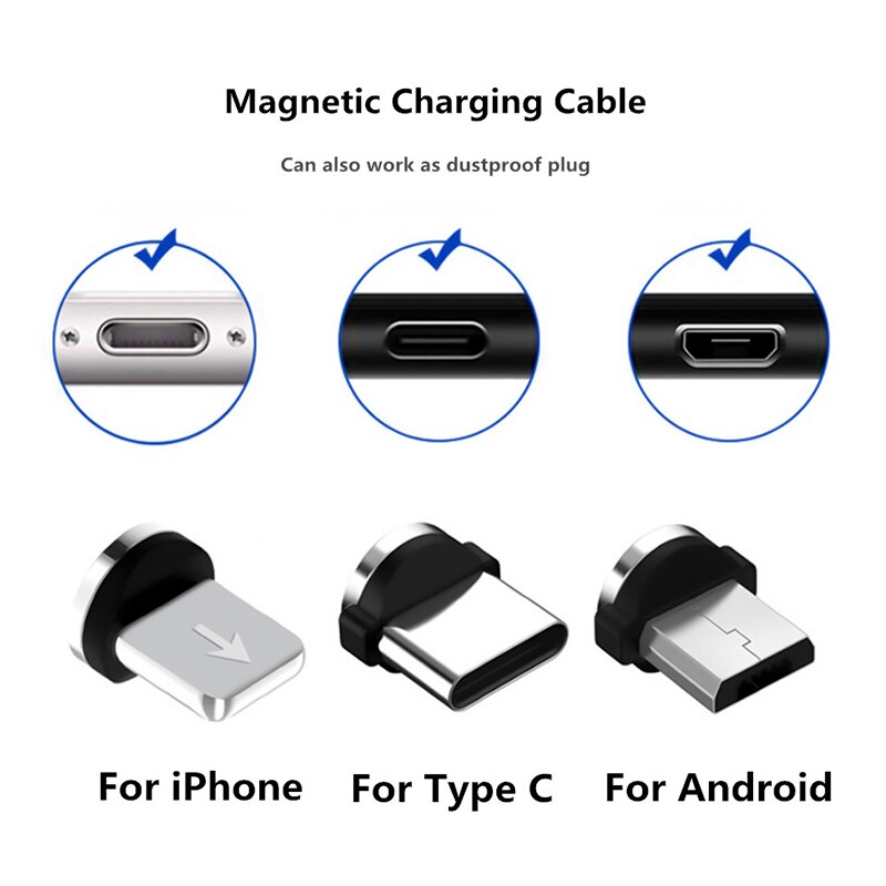 Cable magnético redondo de 8 pines tipo C, de carga rápida Conector Micro USB C, cargador magnético de teléfono para iPhone 1m