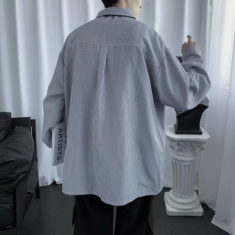 Langærmet skjorte mandlig koreansk stil trendy smuk efterår hong kong stil japansk løs stribet skjortejakke