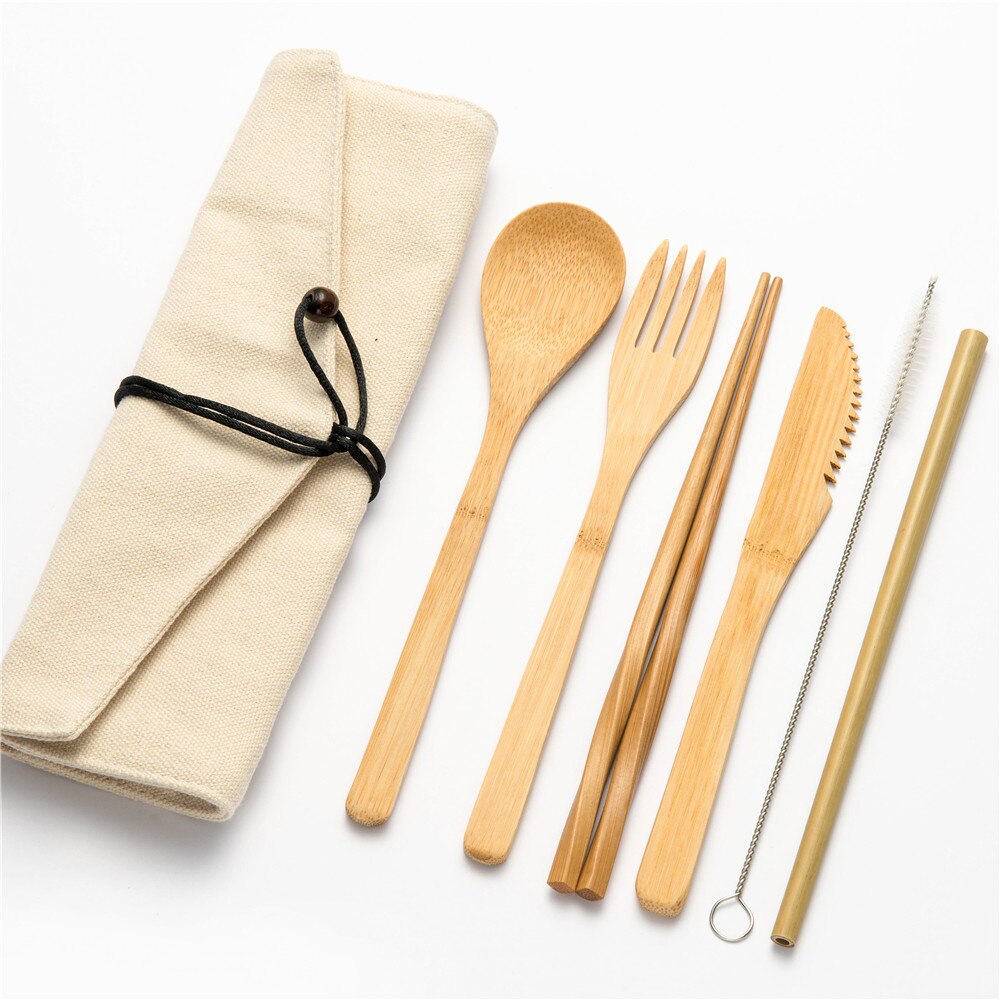 Eco-vriendelijke Reizen Herbruikbare Draagbare Bamboe Bestek Set Lepel Vork Eetstokje Sets 6 stks/set Straw Keuken Voedsel Servies Set: 7pcs set0011