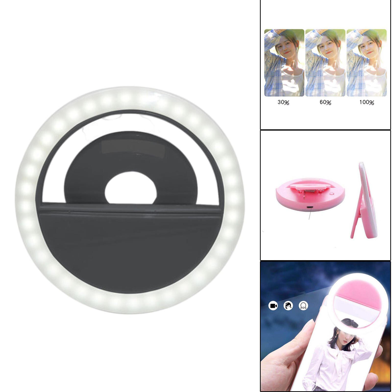 LED Selfie Loop Light portatile Clip-On 3 livelli dimmerabile luce di riempimento per Video Live Show Indoor Outdoor Smart phone Photography: Black