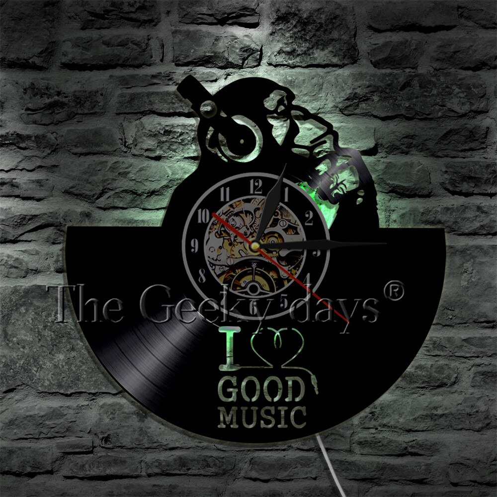 Schimpanse Denker Affe Gorilla 3D Wanduhr Kopfhörer Schallplatte Wanduhr ICH Liebe Gute Musik Persoanlity Zauberstab Kunst Dekorative