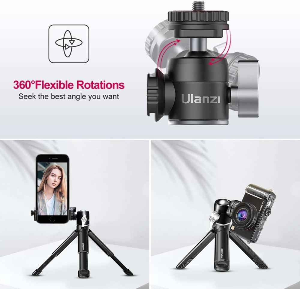 Mini tripé Ulanzi U-Vlog lite com 360 ° Cabeça esférica e sapata fria Selfie Stick Tripé de mesa para câmera iPhone Android Phone DSLR