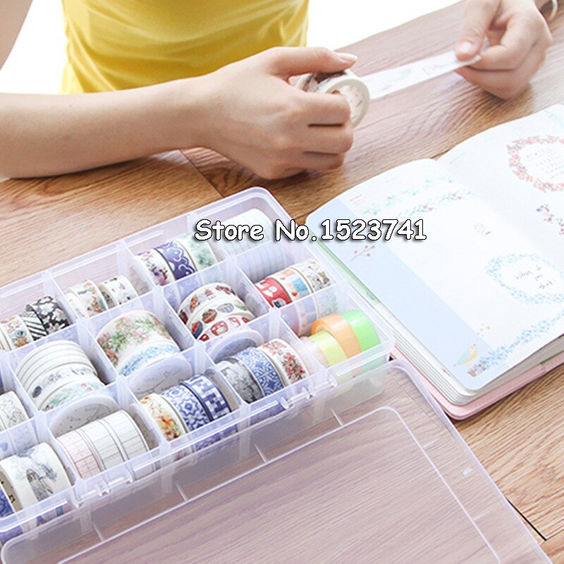 15 Grids Desktop Tape Storage Box Mini Paper Sticker Tape Box Transparent Plastic Case Crafts Organizer Art Supplies