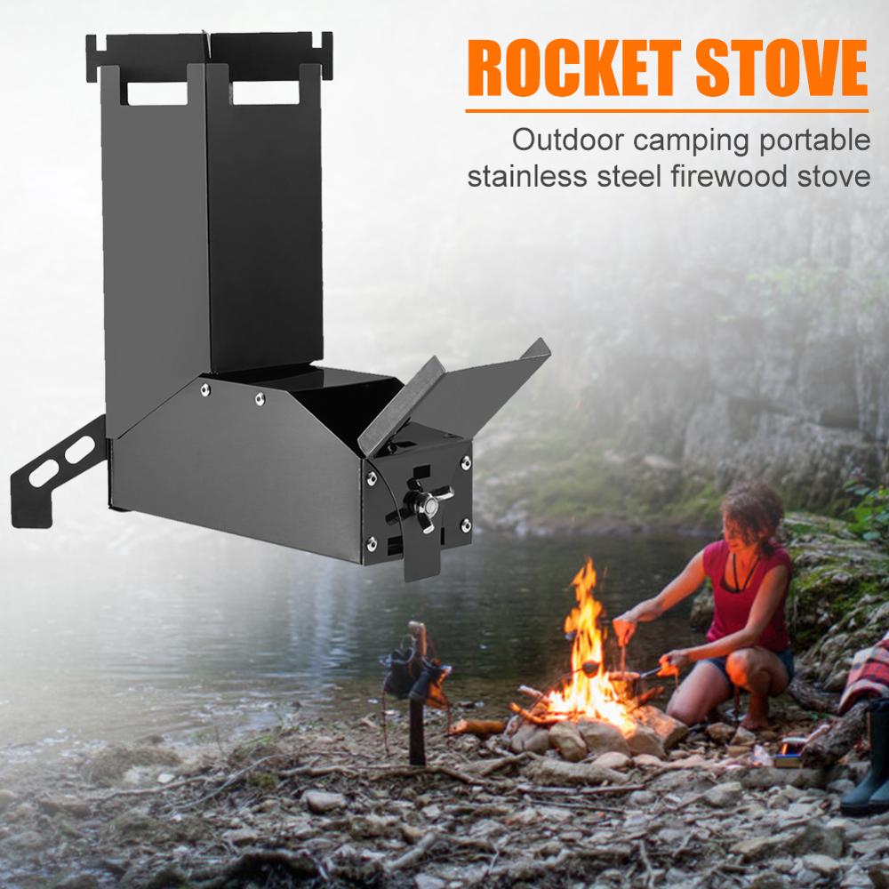 Estufa cohete de Camping al aire libre estufa de leña portátil de acero inoxidable Backpacking Picnic BBQ campamento senderismo horno de cocina