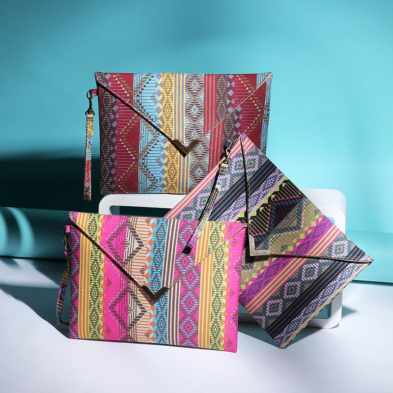 Moda Retro Mulheres Embreagem Saco Envelope Vento Étnico Padrão Geométrico Menina Sacos de Mão do Bolso Da Lona Sacola Saco Do Mensageiro IPad Rosa