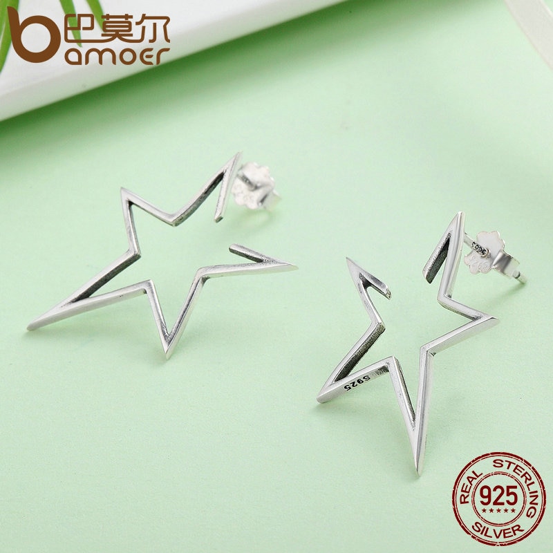 BAMOER Authentic 925 Sterling Silver Exquisite Star Stud Earrings for Women Hyperbole Fine Jewelry Bijoux SCE107